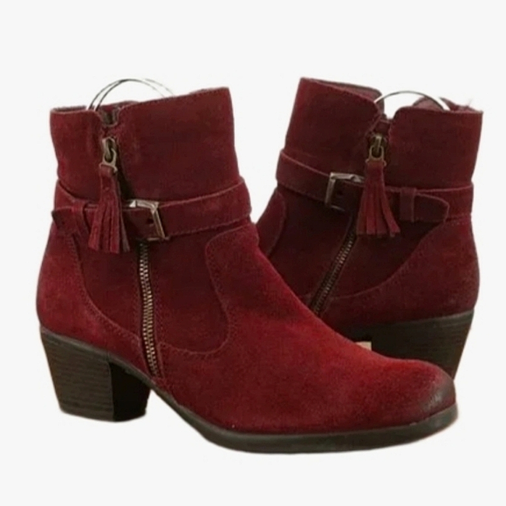 Earth Origins Merlot Red Suede Tori Ankle Boots | Distressed Leather Booties